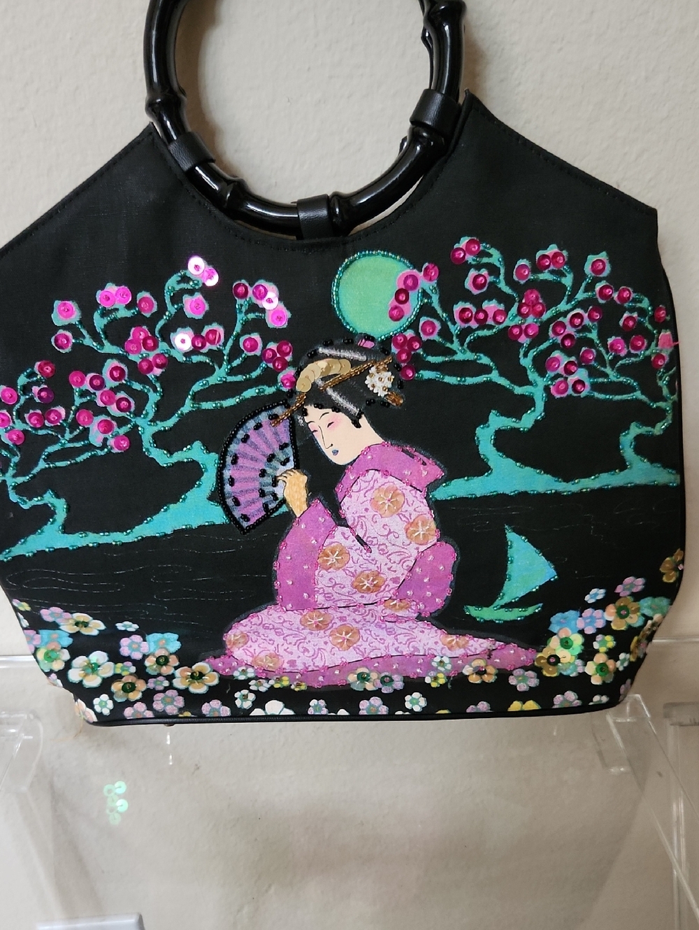 Black Shoulder Bag with Pink Geisha Embroidery